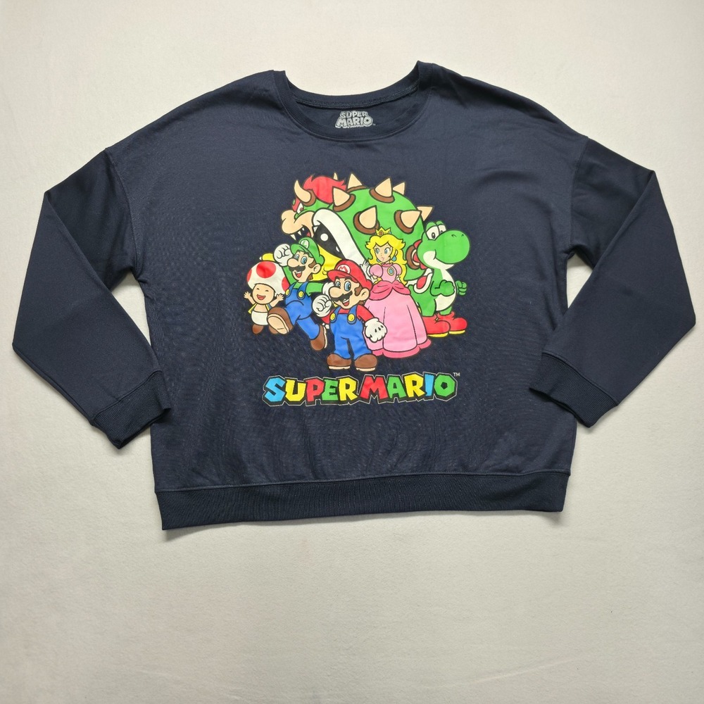 Super Mario Men's Black Long Sleeve Pullover Sweatshirt Size Large